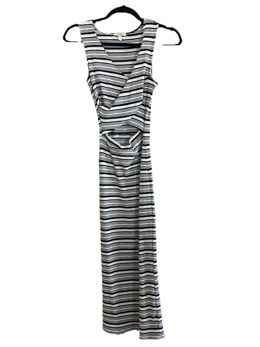 Nordstrom CAbi Black & White Striped Maxi Dress with front Cutout stretch ribbed